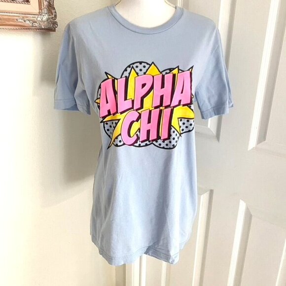 Alpha Chi Sorority T-Shirt Bella + Canvas Comic Graphic Size Medium Light Blue - Picture 4 of 6